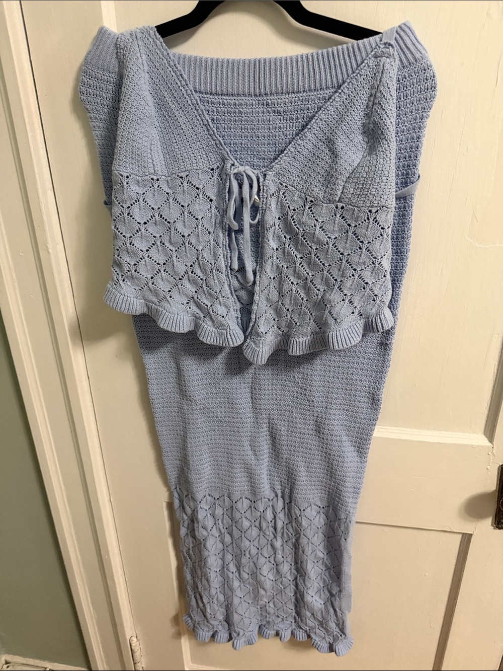 Olive & Oak Light Blue Knit Lace-Accent Two-Piece Skirt Set